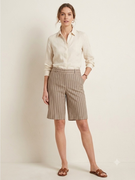 Gianni Bini Pants - Gianni Bini Striped Knee Length Bermuda Shorts Beige Tan Stretch Cotton Size 8